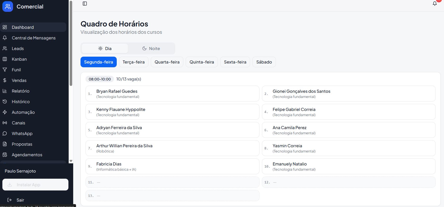 Bússola CRM — Horários